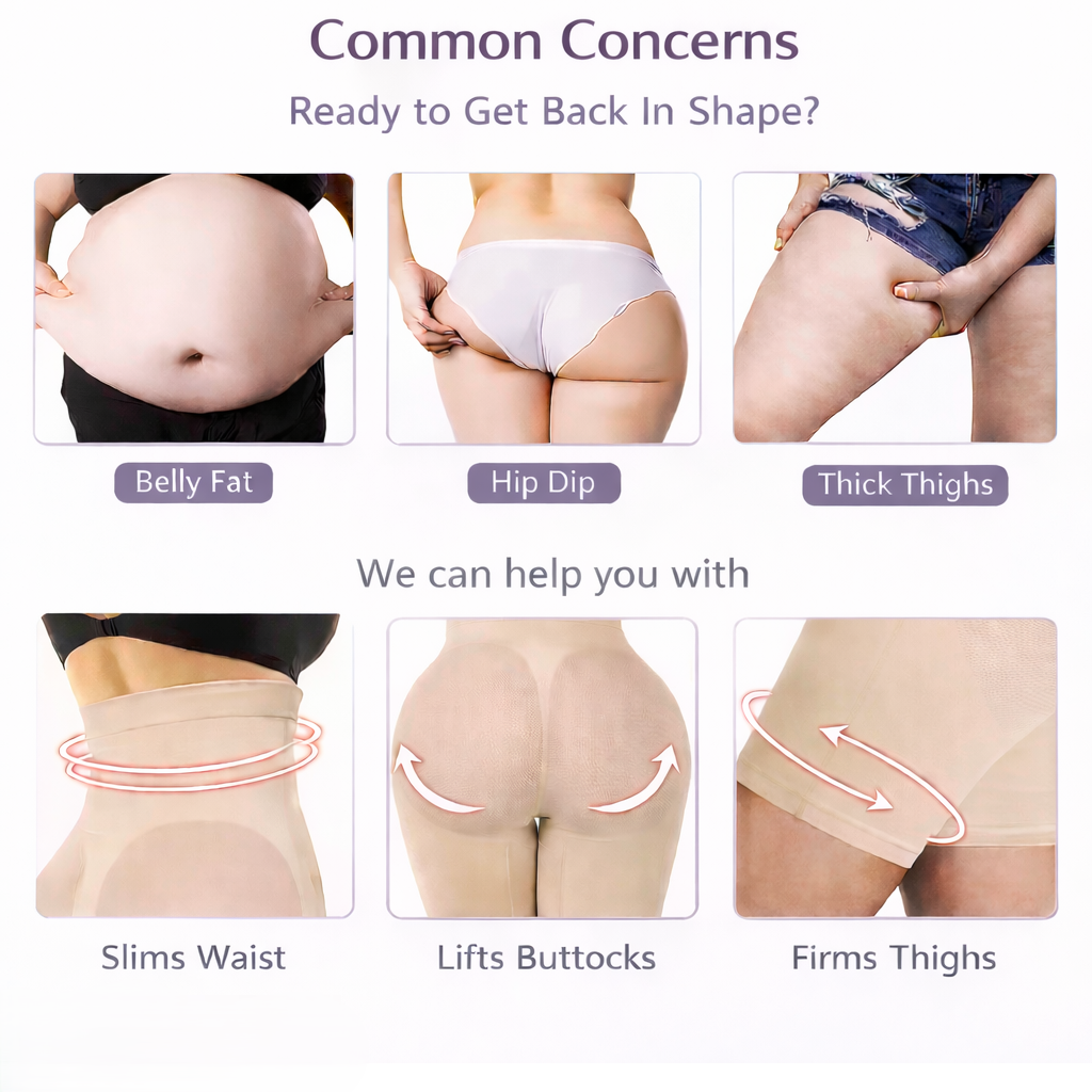 Before and after comparison showing smoothing and lifting results with Vellomi PostureLift shorts.