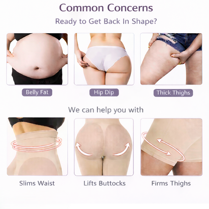 Before and after comparison showing smoothing and lifting results with Vellomi PostureLift shorts.