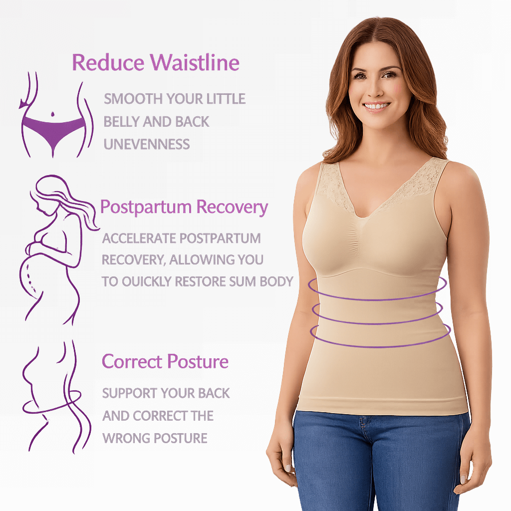 Benefits diagram showing Vellomi SculptCami nude camisole with reduce waistline, postpartum recovery and correct posture support.