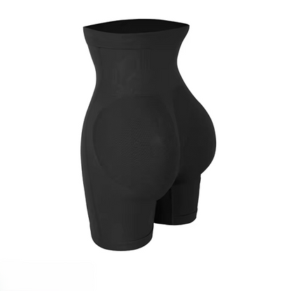 Vellomi PostureLift black high-waist shaping shorts side view on white background.