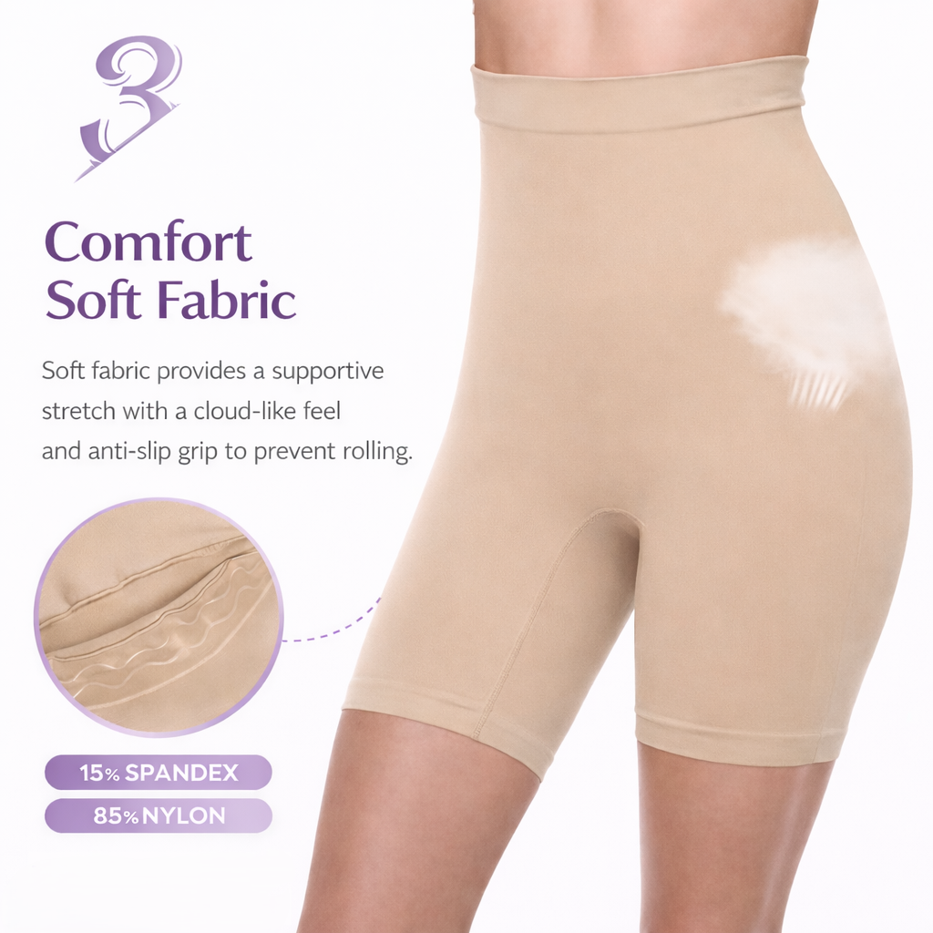 Comfort soft fabric diagram highlighting breathable, seamless material of Vellomi PostureLift shorts.