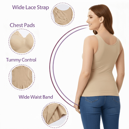 Features diagram showing Vellomi SculptCami wide lace straps, chest pads, tummy control and wide waistband with model back view.