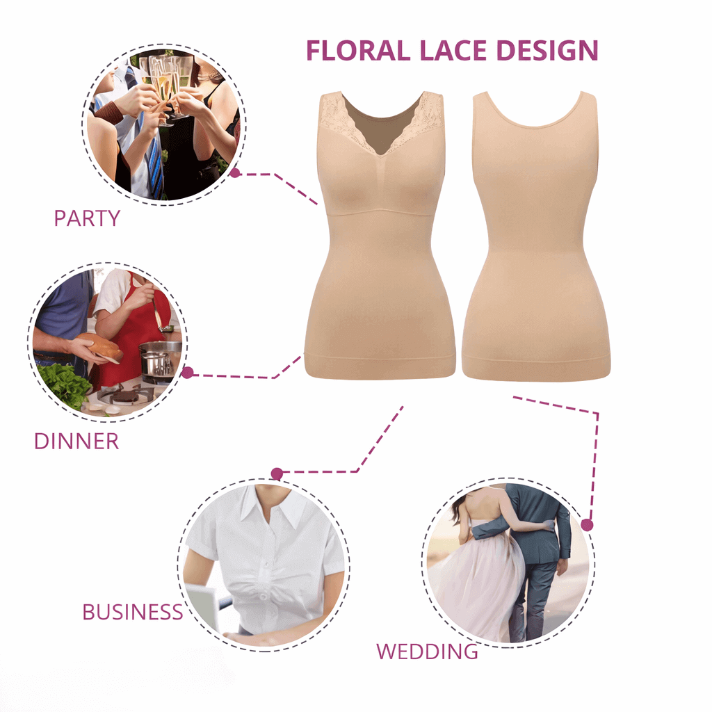 Lifestyle collage showing Vellomi SculptCami nude camisole worn for party, dinner, business and wedding occasions.