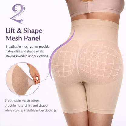 Lift and shape diagram showing hip and waist sculpting areas of the Vellomi PostureLift shorts.
