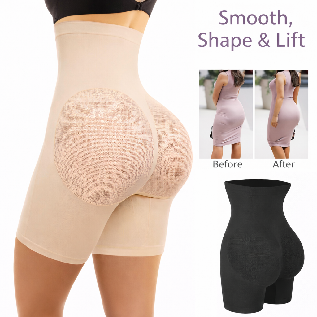 Vellomi PostureLift nude high-waist shaping shorts back view on white background.