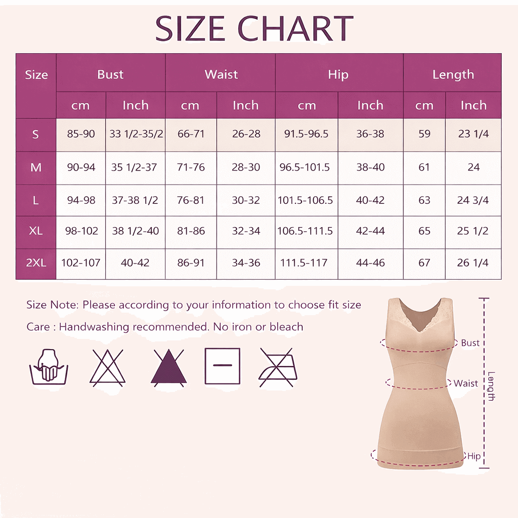 Vellomi SculptCami size chart showing bust, waist, hip and length measurements in cm and inches.