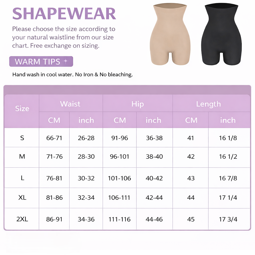 Vellomi PostureLift high-waist shaping shorts size chart with measurements and colour options.