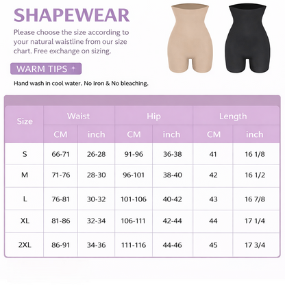 Vellomi PostureLift high-waist shaping shorts size chart with measurements and colour options.