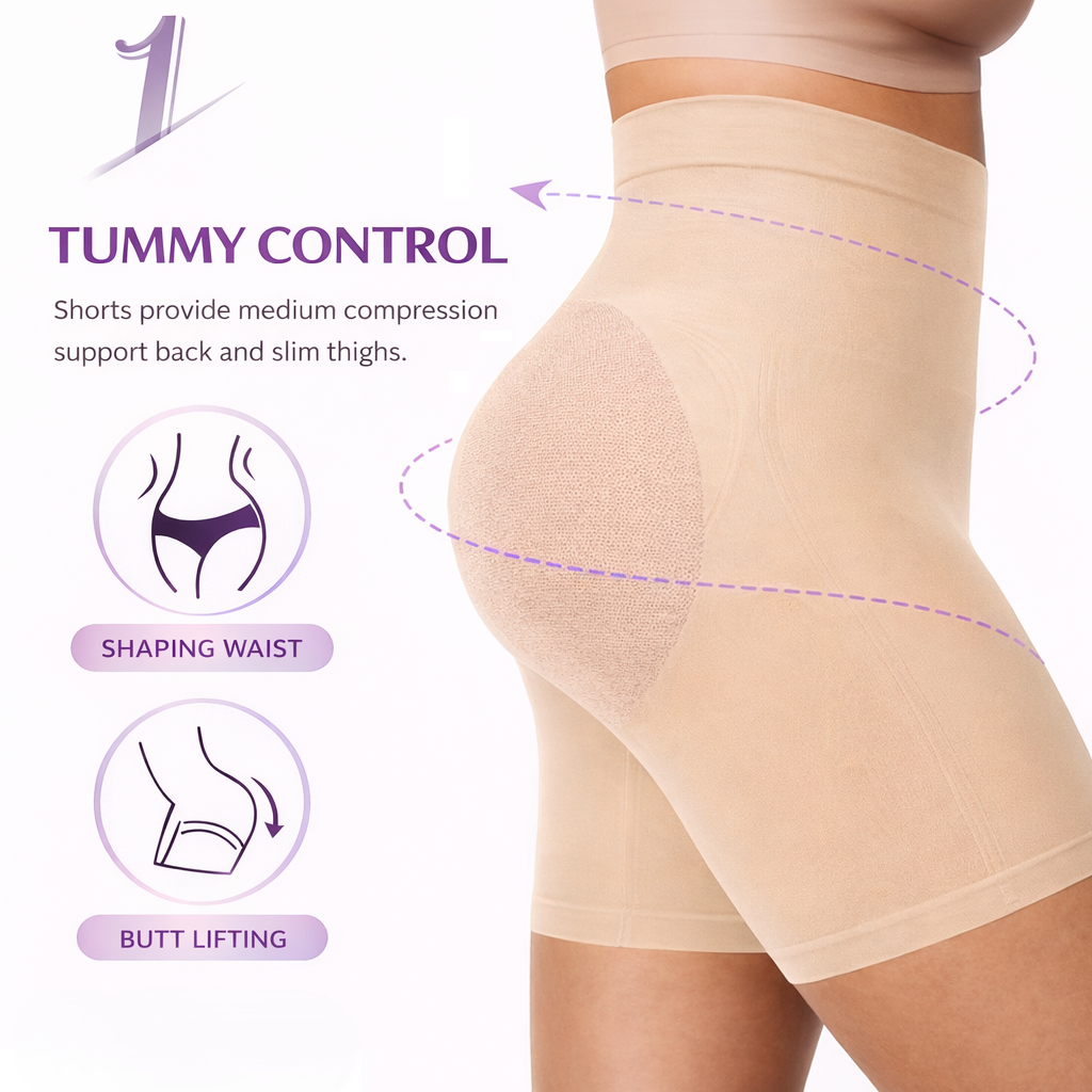 Tummy control diagram showing targeted compression zones of Vellomi PostureLift shorts.