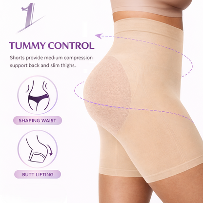 Tummy control diagram showing targeted compression zones of Vellomi PostureLift shorts.