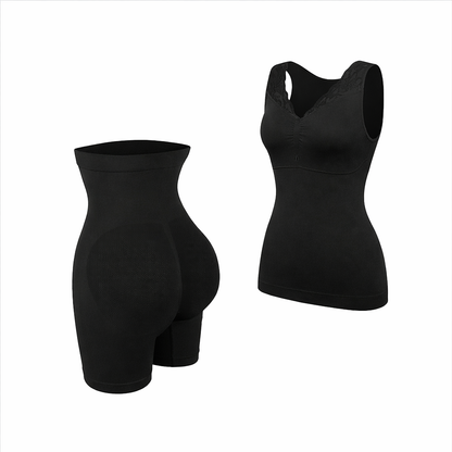 Black Vellomi Confidence Set with high-waist shaper shorts and sculpting cami