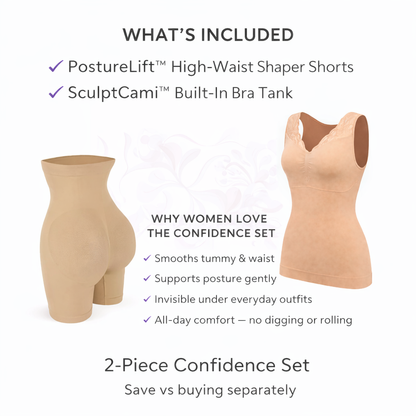 What’s included in the Vellomi Confidence Set, featuring high-waist shaper shorts and sculpting cami with key comfort and support benefits