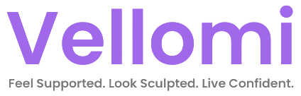 Vellomi logo with tagline “Feel Supported. Look Sculpted. Live Confident.