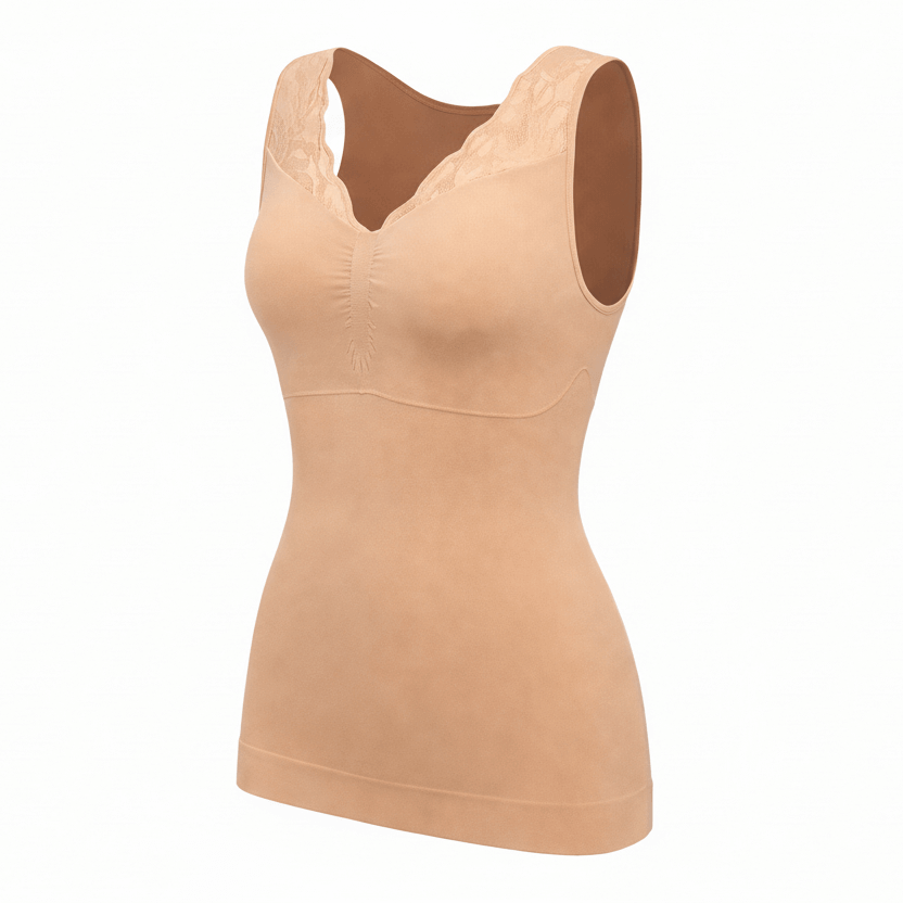Vellomi SculptCami™ built-in bra tank shown in neutral tone, designed for smooth shaping, light support, and a seamless fit under clothing