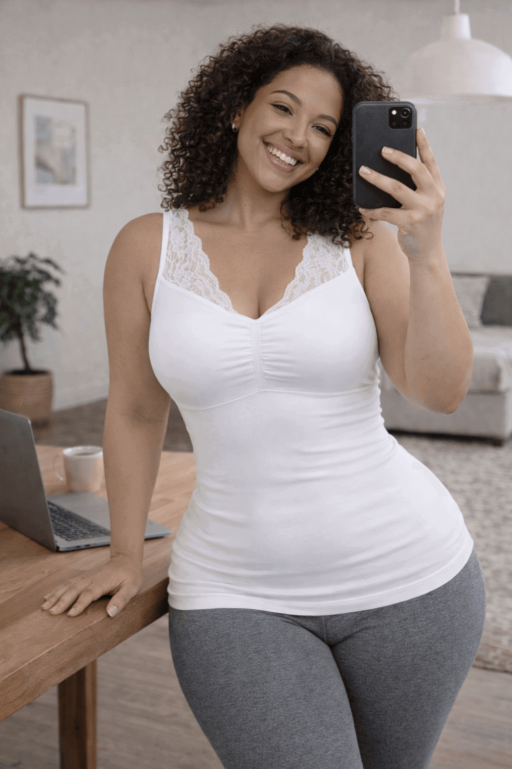 Woman taking a selfie wearing the Vellomi White SculptCami in a home setting.